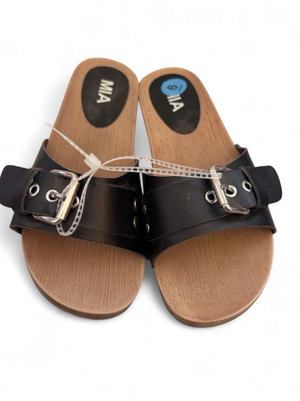 MIA Black Buckle Slide Sandal with Wood-Tone Footbed